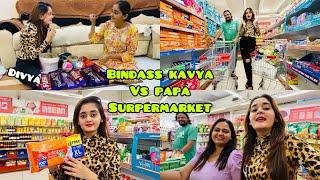 Bindass Kavya Vs Father Saab Supermarket Shopping Challenge  Divya & Chikoo Unboxing KinderJoy