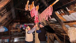 Traditional Mountain Life: Preparing Homemade Sausages and Smoked Delicacies