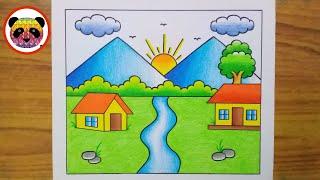 Scenery Drawing / How to Draw Beautiful Landscape Scenery Drawing / Village Scenery Drawing /Chitra