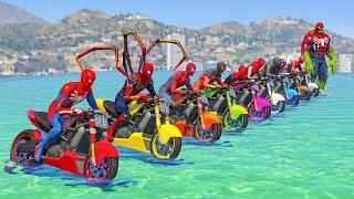 hombre araña en moto | GTA 5 moto moto vs desafío de tren para superhéroes en mega rampa new race