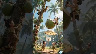 Many children are together picking coconuts from the tree and extracting the juice from them.#AI art