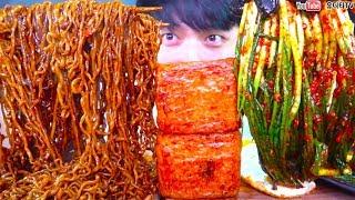 ASMR 짜파게티4봉 & 파김치 & 통스팸 & 계란후라이 BLACK BEAN NOODLES & SPAM MUKBANG