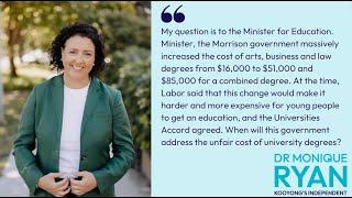 Monique Ryan MP, Question to the Education Minister - University Fees