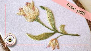 Tulip flower thread painting embroidery in silk floss. Free design pdf