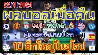 ผลบอลเมื่อคืน/ฟุตซอลโลก/พรีเมียร์ลีก/ลาลีกา/เซเรียอา/บุนเดสลีก้า/ลีกเอิง/ไทยลีก/เจลีก/22/9/2024