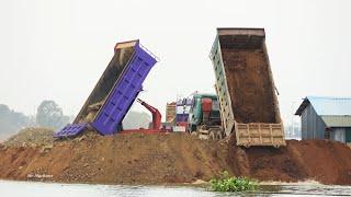 Great Activity Machines Operator Lake Filling Dump Truck Unloading Vs Bulldozer Pushing Soils