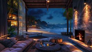 Oceanfront Escape  | Serene Night Ambience with Gentle Beach Waves, Cozy Crackling Fire