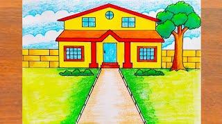 House Scenery Drawing Easy || How to Draw Beautiful House Scenery Easy step by step