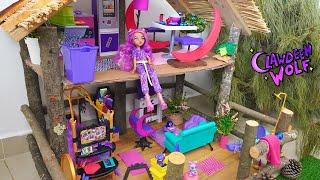 HAGO y DECORO una CASA para CLAWDEEN WOLF de MONSTER HIGH con SALA, COMEDOR, COCINA y MÁS