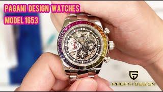 Pagani Design Skeleton Men's Automatic Wrist Watches With Rainbow Bezel Full Stainless Steel Band