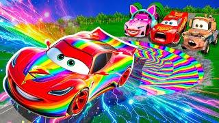 Rainbow Pit Transform In Big & Small:McQueen Golden & Mater vs  Pixar Cars! Beam.NG Drive!