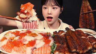 Giant Eel Rice Bowl with Salmon Kaisendon Mukbang Asmr