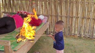 hungry boy, looking for food outside the armored box, poor boy, orphan, boy Burned down the house