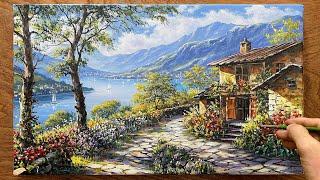 How to draw houses around a large lake / Landscape painting - Acrylic / Art painting / A Lu Art.