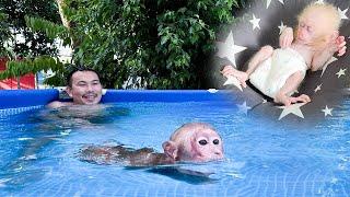 Bibi loves the experience of swimming with Dad while baby monkey sleeps!