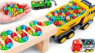 Marble Run ASMR Race  HABA Slope & Dump Truck Excavator Ambulance Forklift Garbage Truck Tractors44