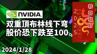 美股 NVDA(英偉達或輝達) 受DeepSeek影響 双重頂跌破頸線、布林线開口下彎，股價恐下跌至100