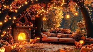 Autumn Porch Ambience  Smooth Jazz Instrumentals with Fireplace Sounds