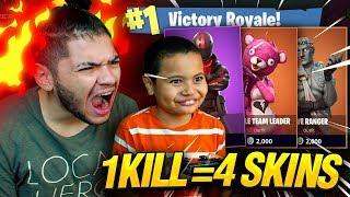 1 KILL = 4 FREE SKINS FOR MY 9 YEAR OLD LITTLE BROTHER! 9 YEAR OLD PLAYS SOLO FORTNITE BATTLE ROYALE