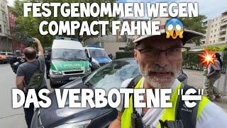 Demonstrant FESTGENOMMEN wegen Fahne  das verbotene C  von Compact Ami go Home Querdenken Berlin