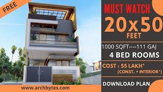 20x50 Feet House Design 3d | 4 Bedrooms| 1000 Sqft| 111Gaj| 6x15 metrs| Terrace Garden |Archbytes