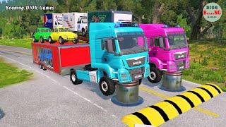 Double Flatbed Trailer Truck vs speed bumps|Busses vs speed bumps|Beamng Drive|1013