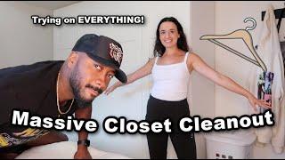 Closet Cleanout: decluttering my overstuffed closet with my boyfriend | trying on all my clothes!