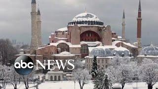 Drone footage shows Istanbul landmarks blanked in snow