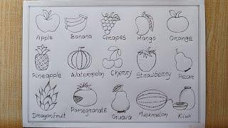 Different types of Fruits drawing| How to draw 15 different types Fruits |Fruits Chart drawing