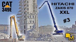 Big HITACHI ZAXIS 870 XXL + CAT 349E excavator high rise boom getting down tall building [3]