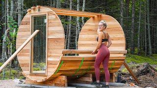 Building Wood Fired Barrel Sauna At Off- Grid Cabin In The Woods ASMR