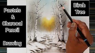 Winter nature birch trees sunset mode landscape drawing by pastels and pencil.