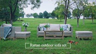 Phi Villa 5-Seater Patio Rattan & Acacia Wood Sofa Conversation Set