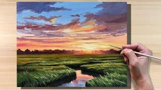 How to Paint Sunset Meadow River / Acrylic Painting / Correa Art