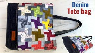 How to sew denim patchwork tote bag tutorial from fabric and jeans scraps , diy tote bag tutorial