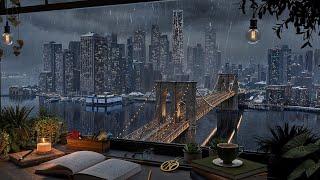 Lower Manhattan Ambience Overlooking Brooklyn Bridge / Rain and Distant Thunder Sounds