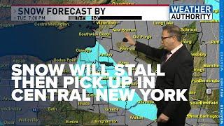 Snowfall slows down in central New York before picking up again.