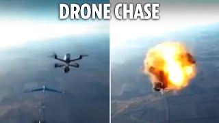 Dramatic moment Russian UAV is blown out of the sky after being hunted down by Ukraine drone