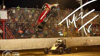 BIG CRASH 410 SPRINT CAR FLIPS BAD ALMOST HIT THE FLAG MAN destroyed the car :/