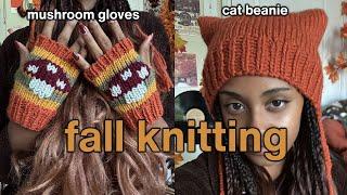   Fall Knit Accessories | Cat Beanie •⩊•,   Mushroom Fingerless Gloves | Tutorial