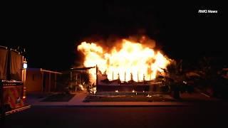 Fully involved residential structure fire leaves one person dead in Hemet, California.