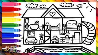 Draw and Color a House with a Pool  Drawings for Kids