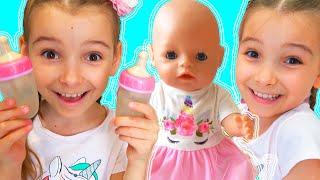 Kids pretend play dolls and feeding baby dolls