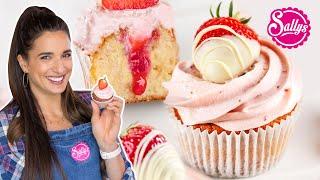 Erdbeer Cupcakes - einfaches Rezept mit fruchtiger Füllung (3 versch. Dekoration) 