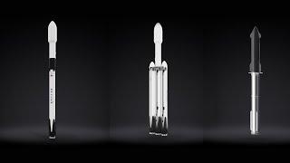 SpaceX launchers, Falcon 9, Falcon Heavy, Starship and Superheavy - 360 view - official renders