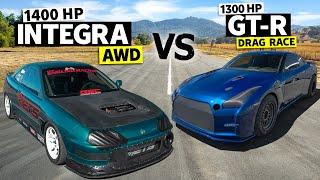 HONDA vs HATERS RETURNS! 1400hp AWD Integra vs 1300hp Nissan GT-R Drag Race
