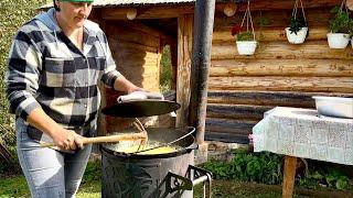 A rustic dinner cooked on the builders' firewood: tokan with cheese and kebabs