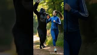 ai video || gorilla and his human female friend jogging