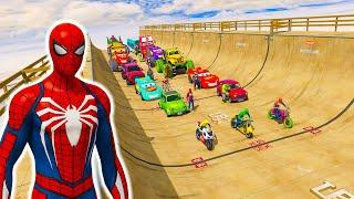 Siêu Nhân Người Nhện Chạy Xe Ô Tô Cứu Hỏa Giải Cứu Blue Hulk, Spiderman Racing Car VS Superheroes 2