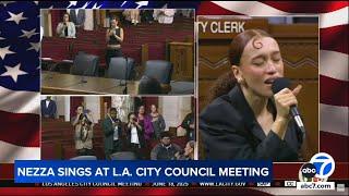 Nezza sings national anthem in Spanish at LA City Hall after Dodger Stadium performance criticism
